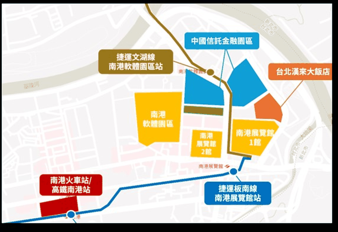 會場周邊地圖：台北漢來大飯店位於南港展覽館一帶，鄰近捷運板南線南港展覽館站與文湖線南港軟體園區站